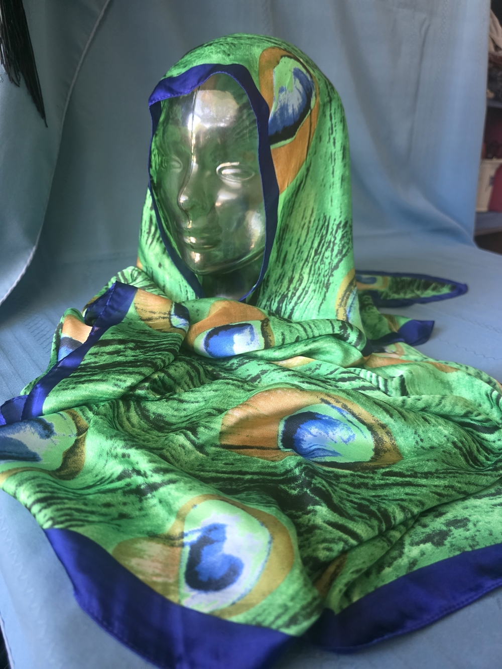 Peacock Feather Print Oversized Satin Scarf Wrap Shawl 35"x71" Boho Jewel Tones